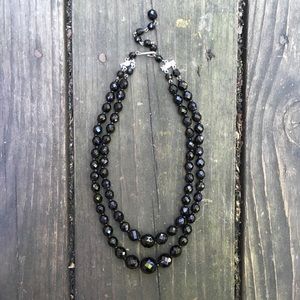 Vintage Black Glass Beads Double Stranded Necklace
